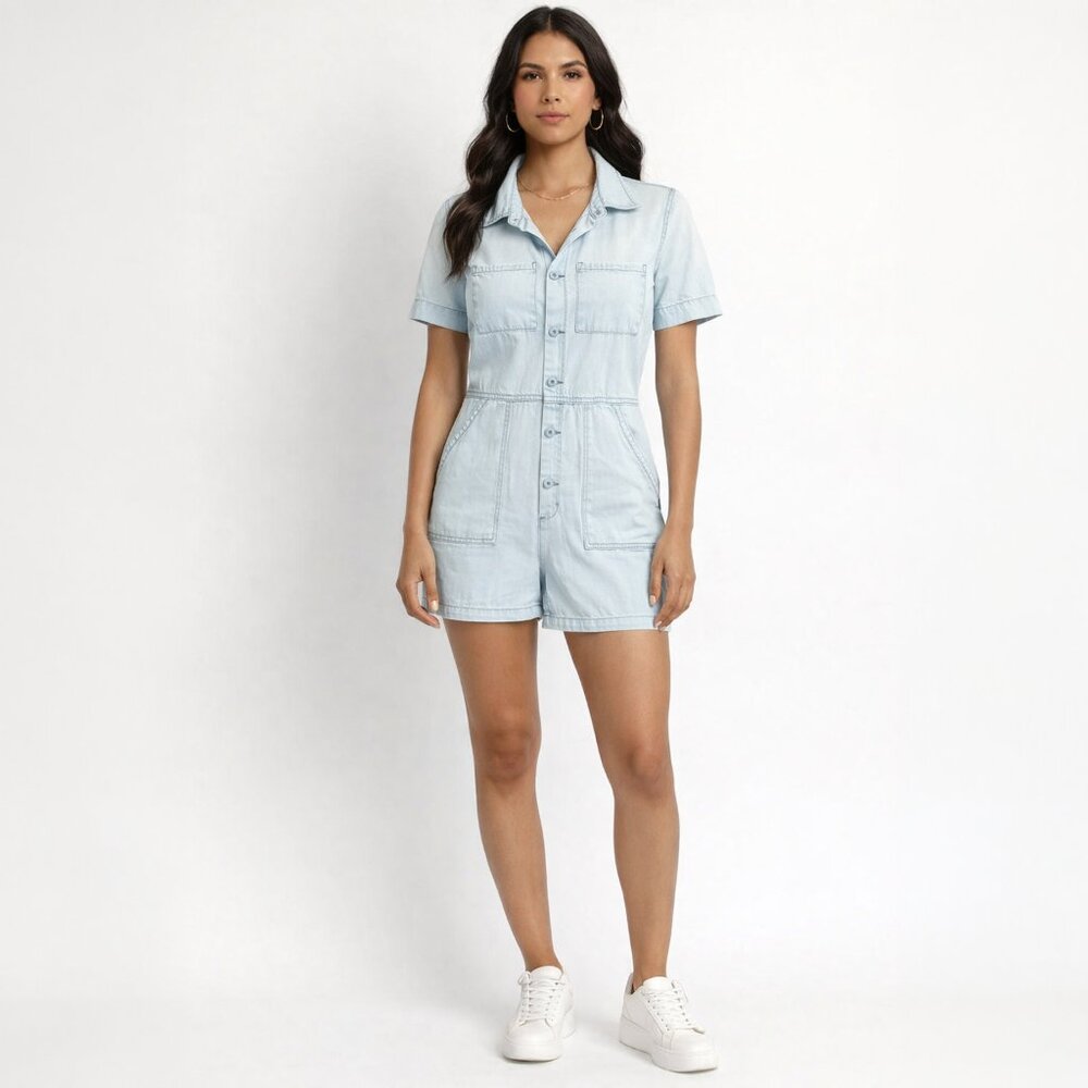 Umgee Stretch Denim Romper Light Wash Utility Short Sleeve Button Front